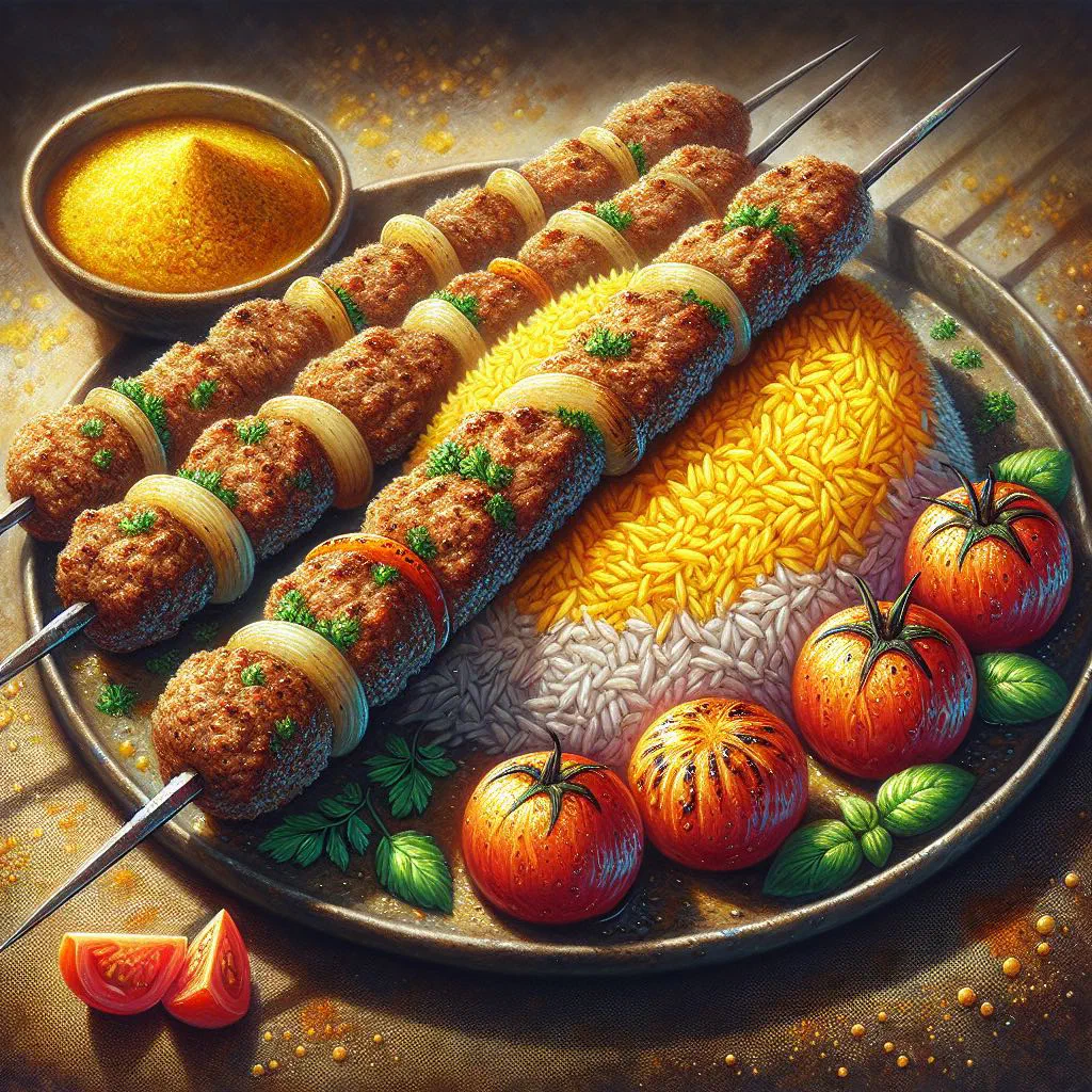 Grilled kebab-e koubideh skewers served with saffron rice and flatbread