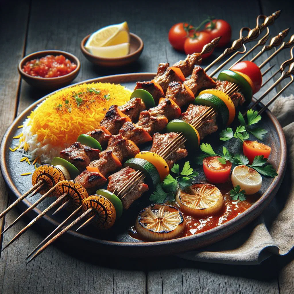 Grilled Kebab-e Santoor skewers with charred vegetables and flatbread