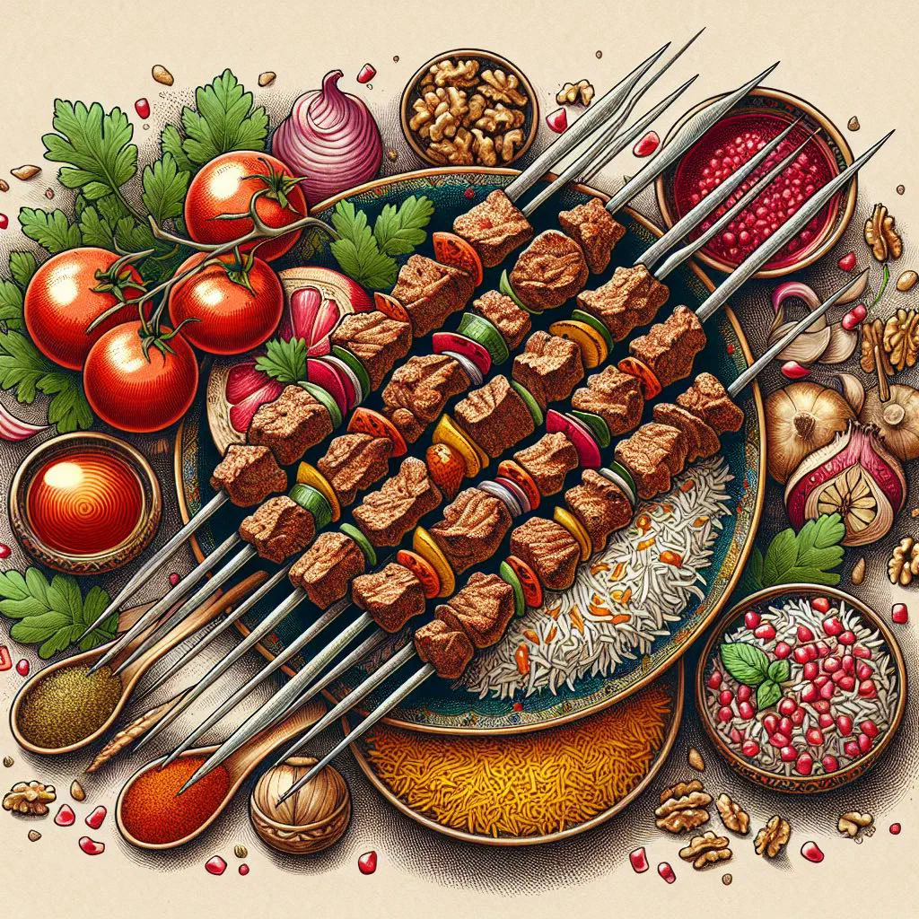 Grilled Kebab-e Torsh skewers garnished with pomegranate seeds and fresh herbs