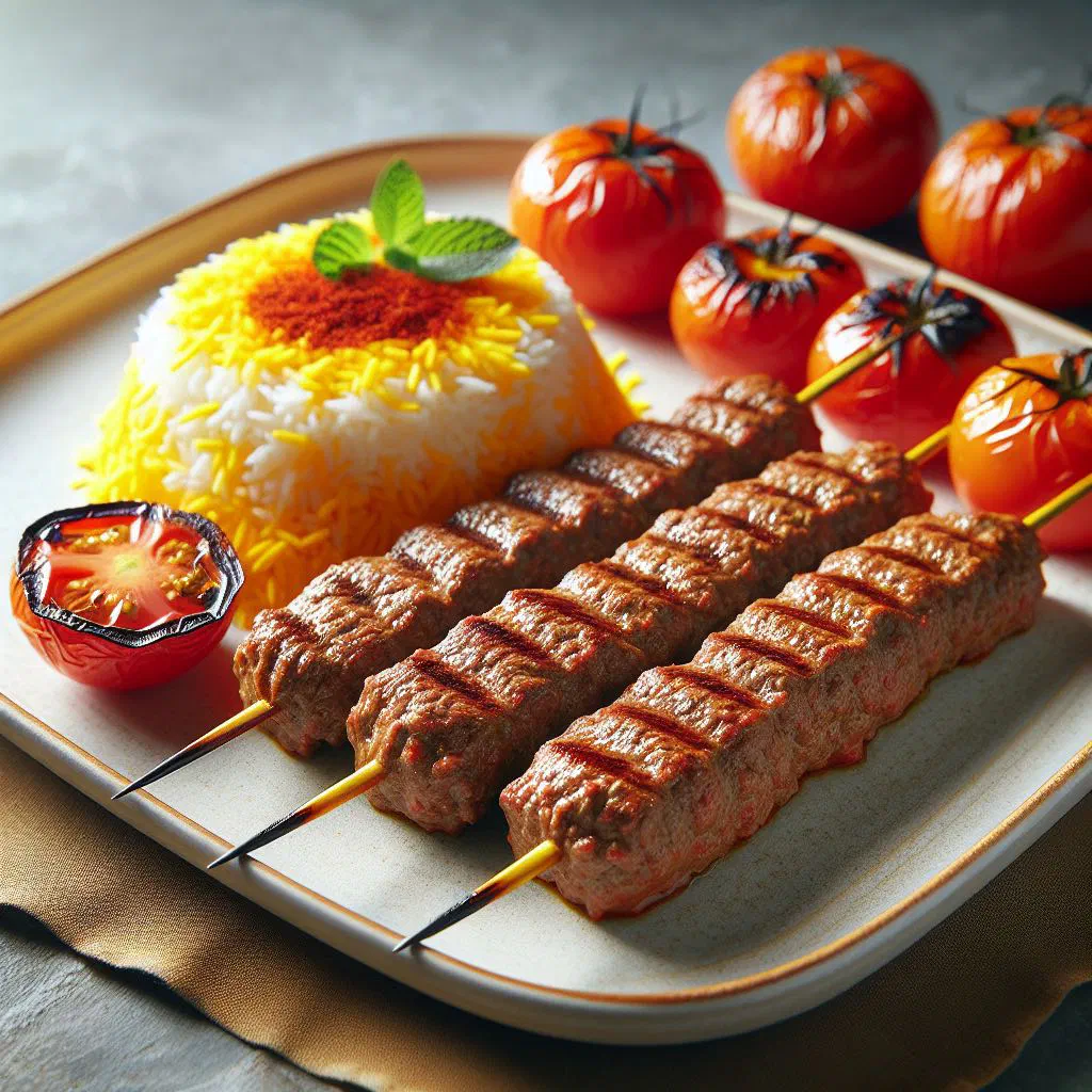 Grilled Kebab Koobideh skewers served with saffron rice and grilled tomatoes