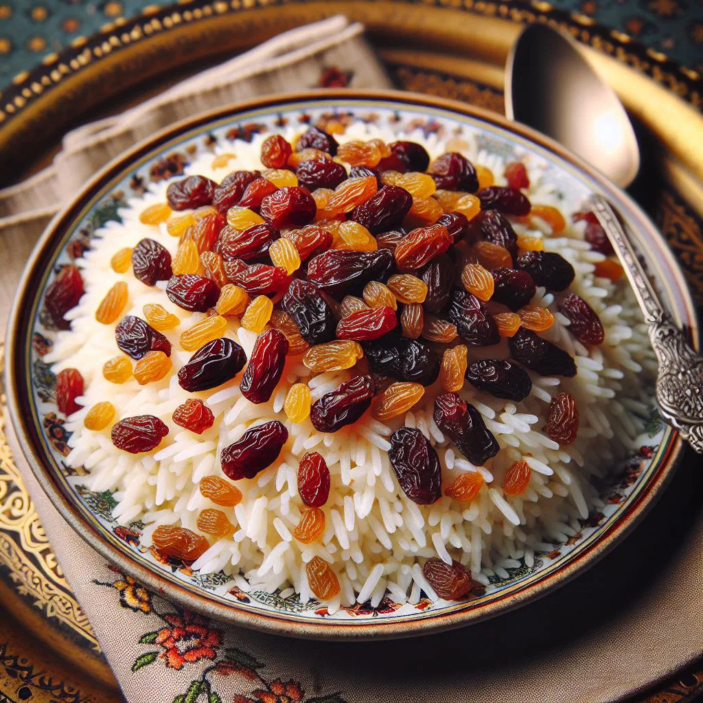 Persian keshmesh polo, fragrant basmati rice studded with golden raisins