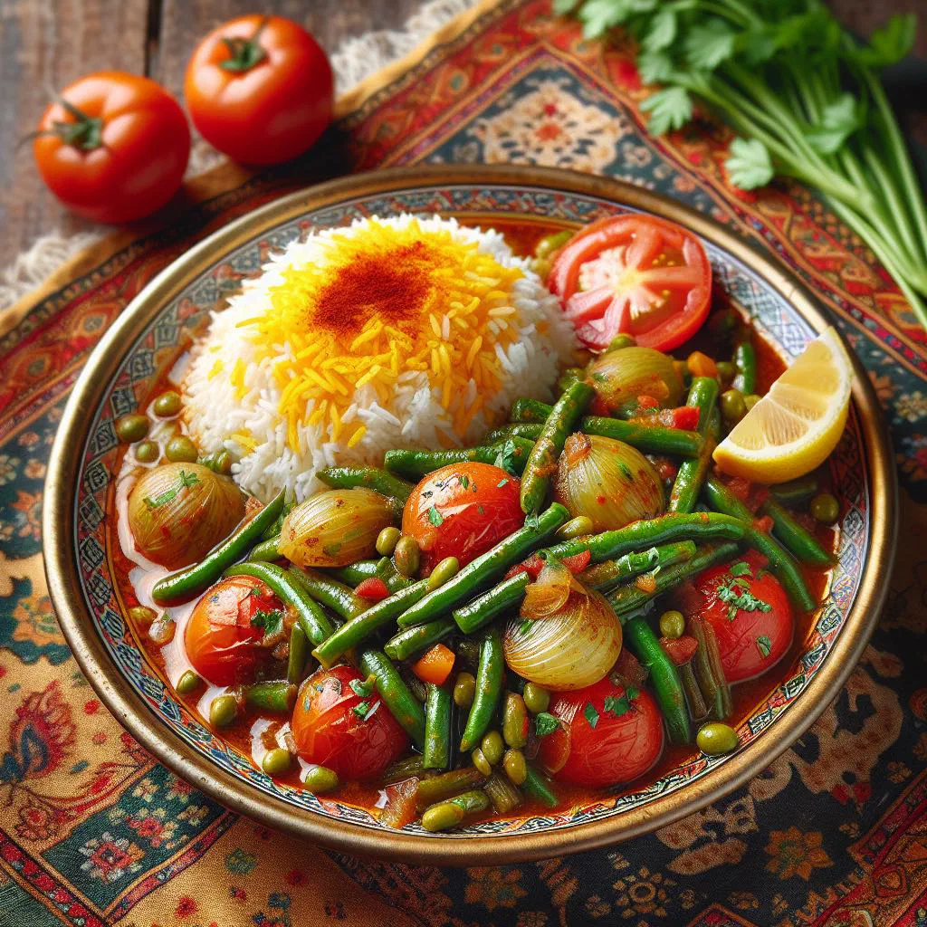 Iranian green bean and meat stew garnished with fresh herbs