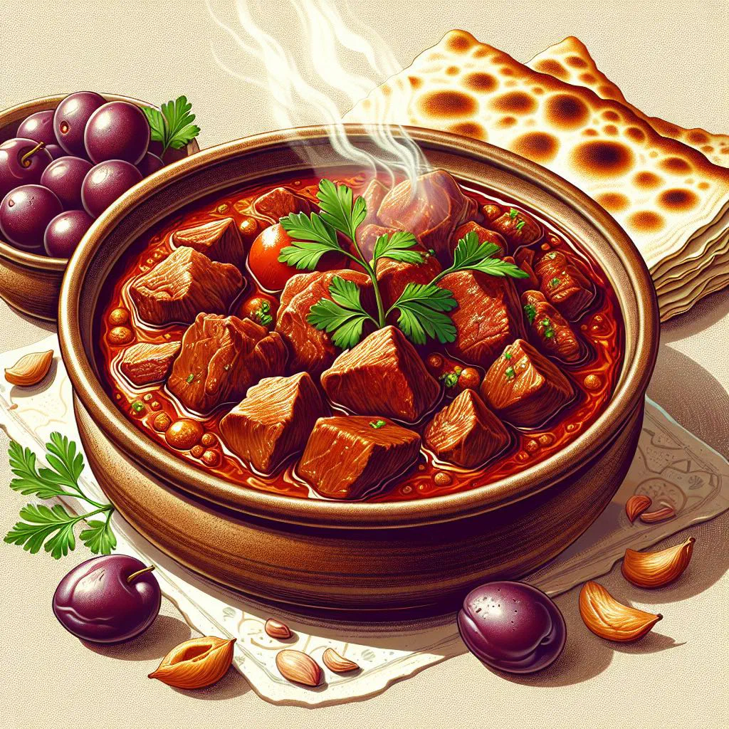 Khoresht-e alu Persian lamb and prune stew garnished with fresh herbs