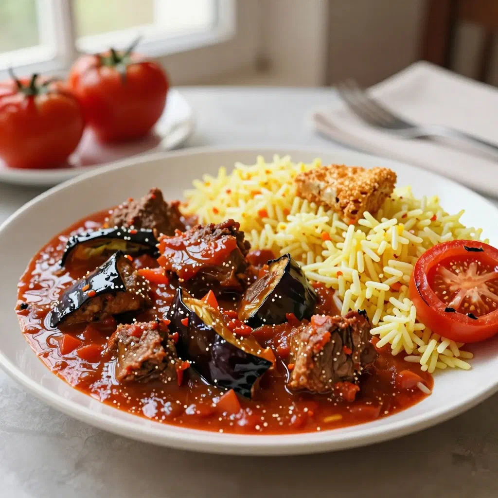 Persian aubergine and lamb stew served with saffron rice