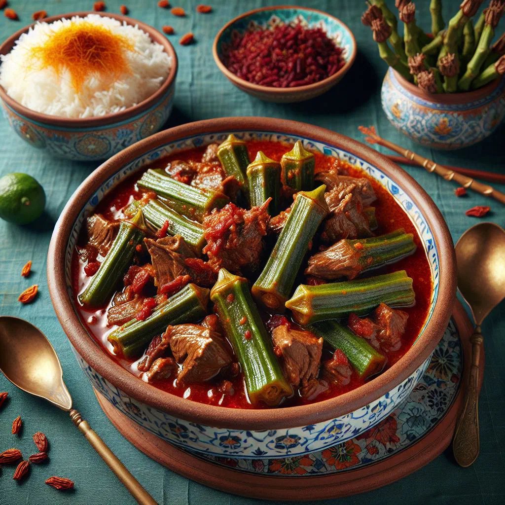 Khoresht-e bamieh okra and lamb stew garnished with fresh coriander