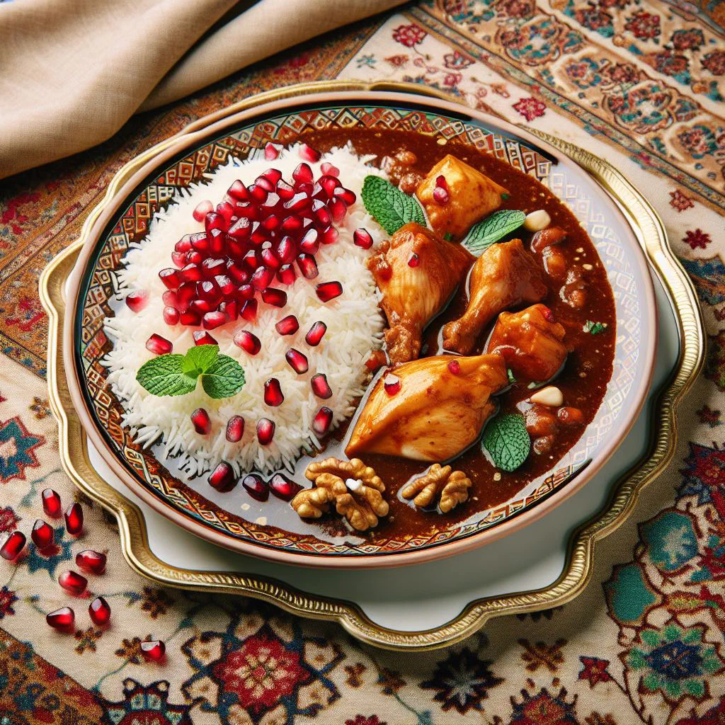 Rich Khoresht-e Fesenjan walnut and pomegranate stew garnished with pomegranate seeds
