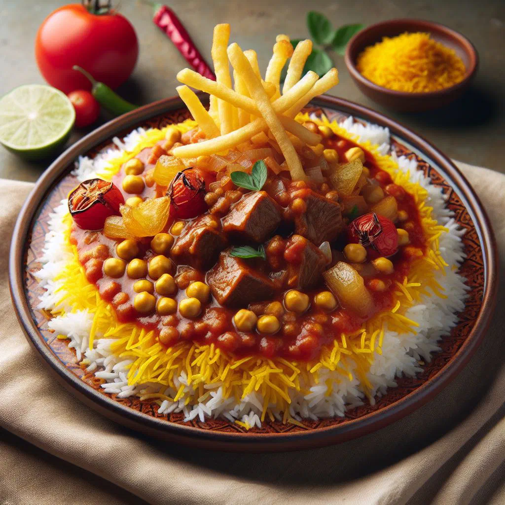 Khoresht-e Gheymeh, a Persian stew with tender meat and yellow split peas in tomato sauce