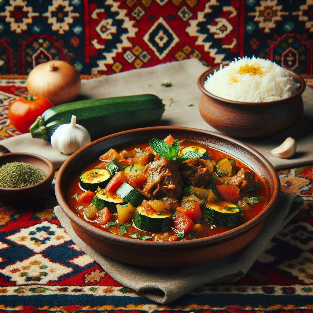 Persian courgette and lamb stew garnished with fresh herbs, served with rice