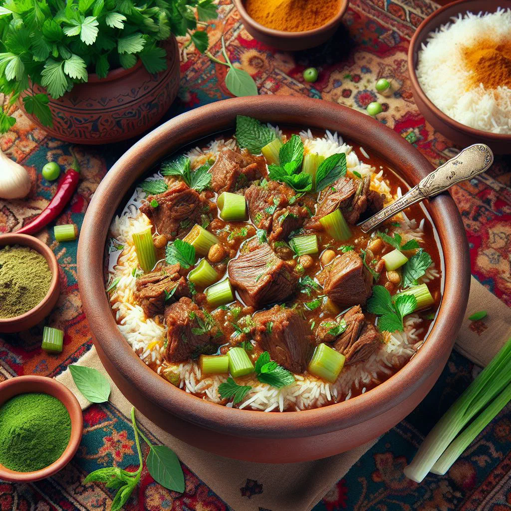 Khoresht-e Karafs celery and meat stew served with steamed rice