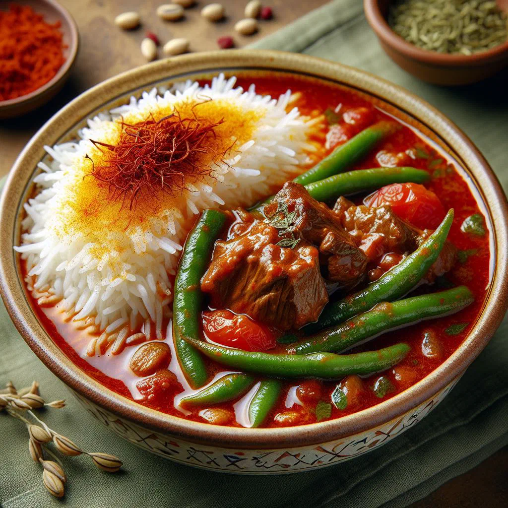 Persian green bean and lamb stew served with saffron basmati rice