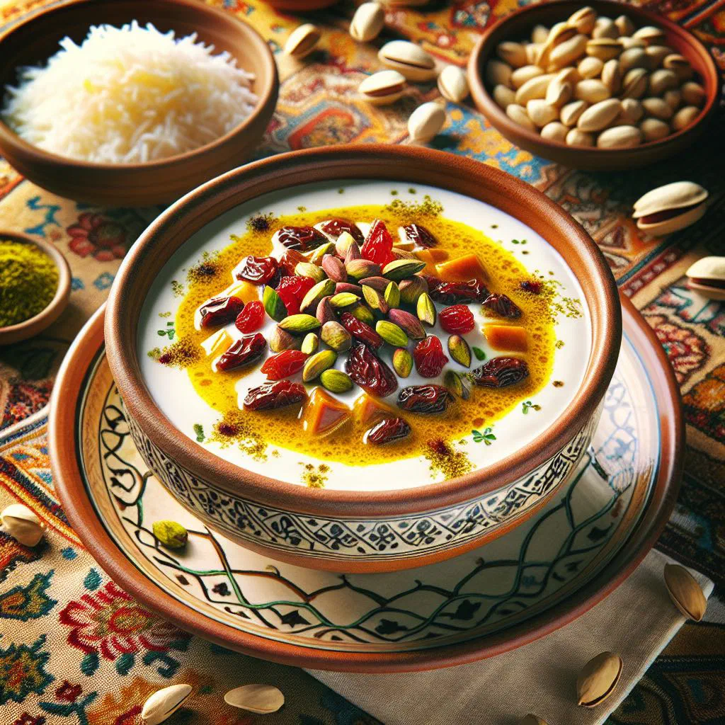 Khoresht-e Mast, a Persian yoghurt stew garnished with almonds and herbs, served with rice