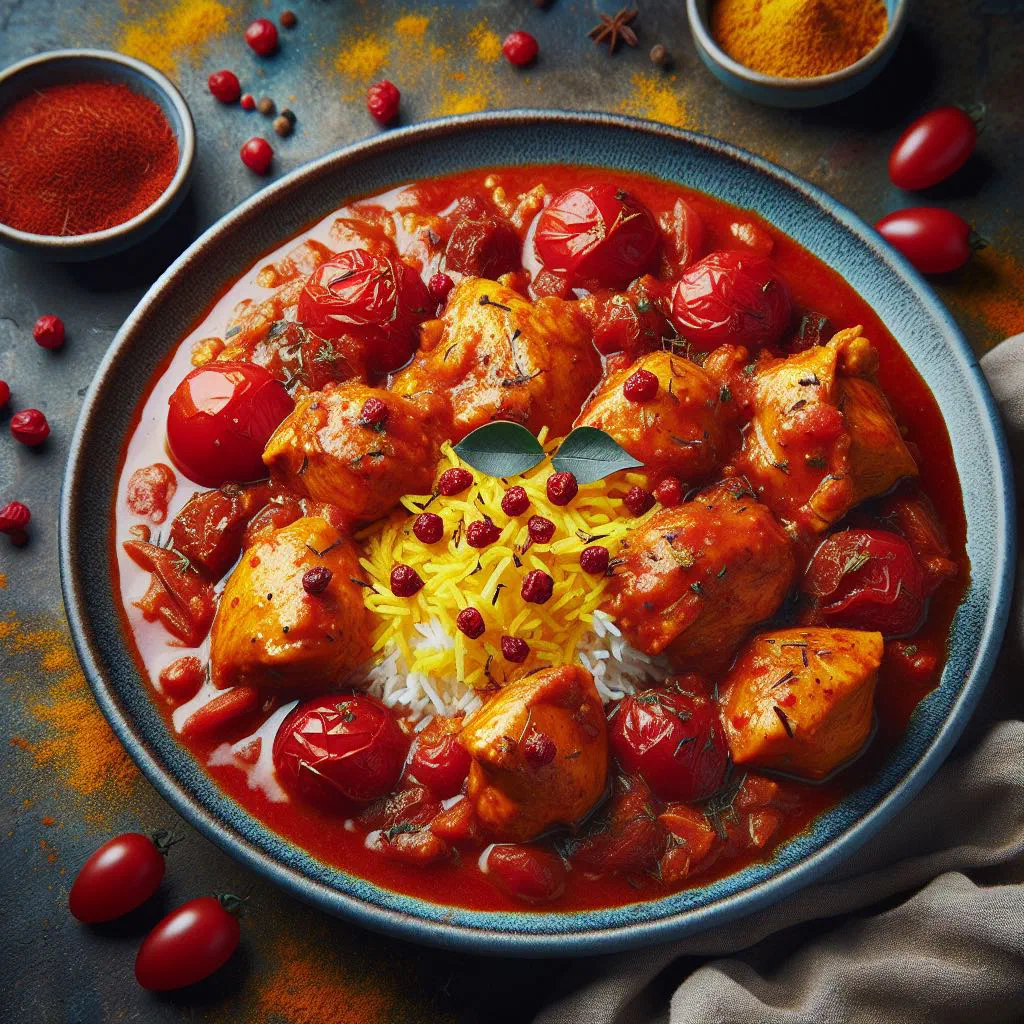 Persian chicken stew with saffron served alongside fluffy rice