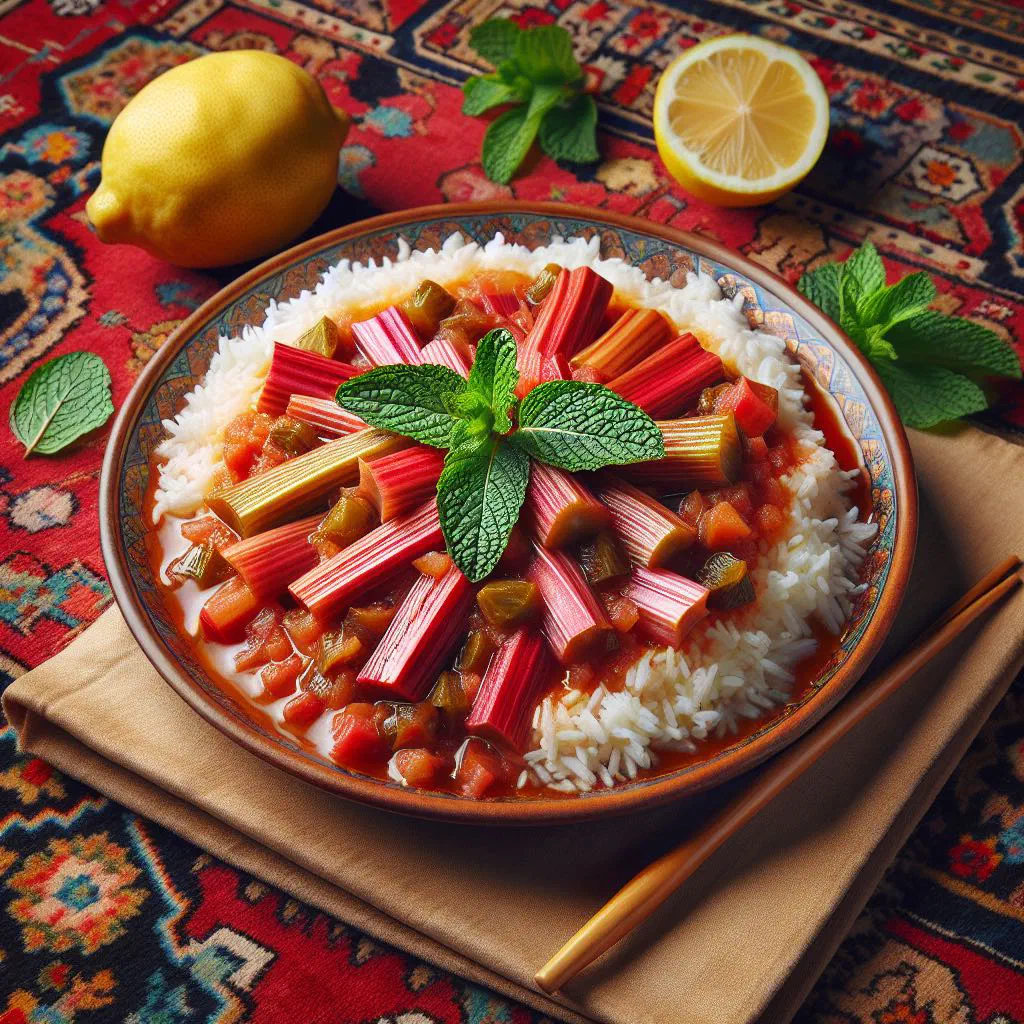 Persian rhubarb stew with tender meat and fresh herbs, served with fragrant rice