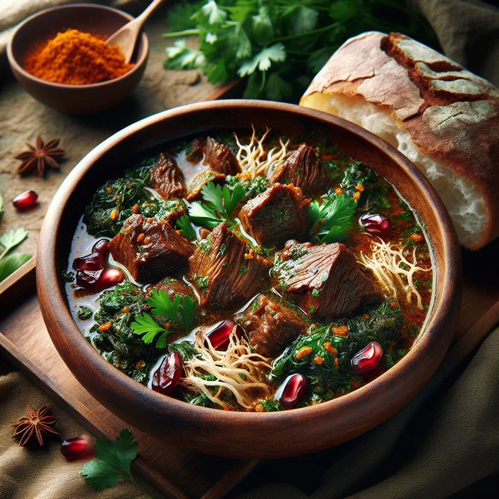 Khoresht-e Torsh, a Persian walnut and pomegranate stew served with rice
