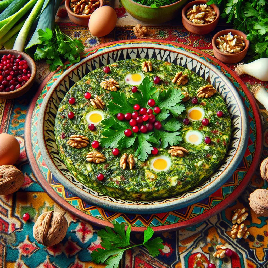 Golden Kookoo Sabzi herb omelette cut into wedges and garnished with fresh herbs