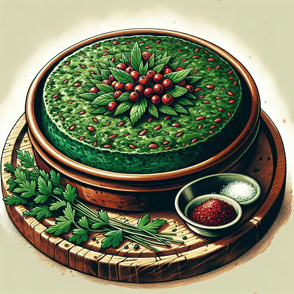 Slices of green Persian herb omelette Kuku Sabzi on a plate