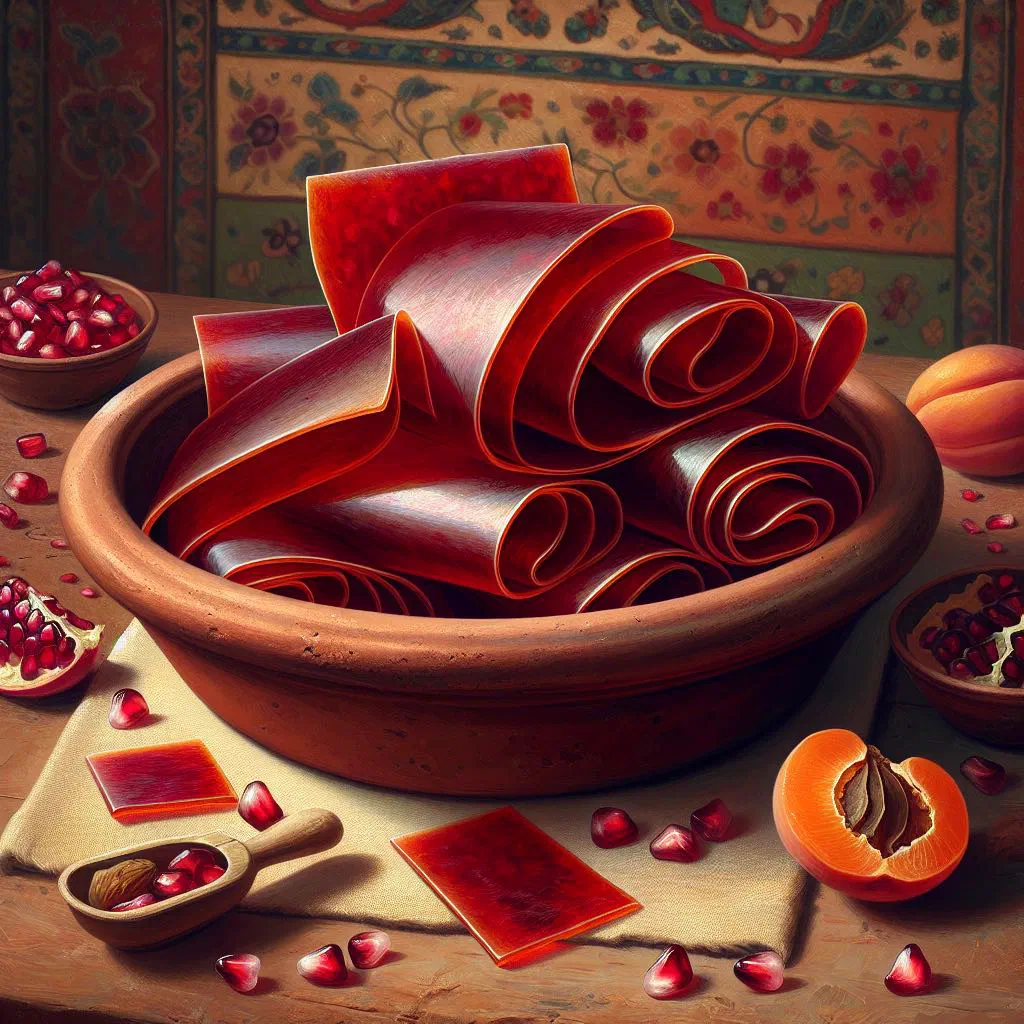 Rolled sheets of tangy Iranian lavashak fruit leather