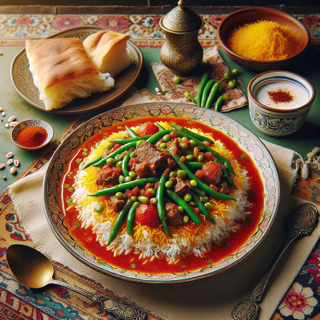 Loobia Polo with green beans, spiced meat and fluffy basmati rice