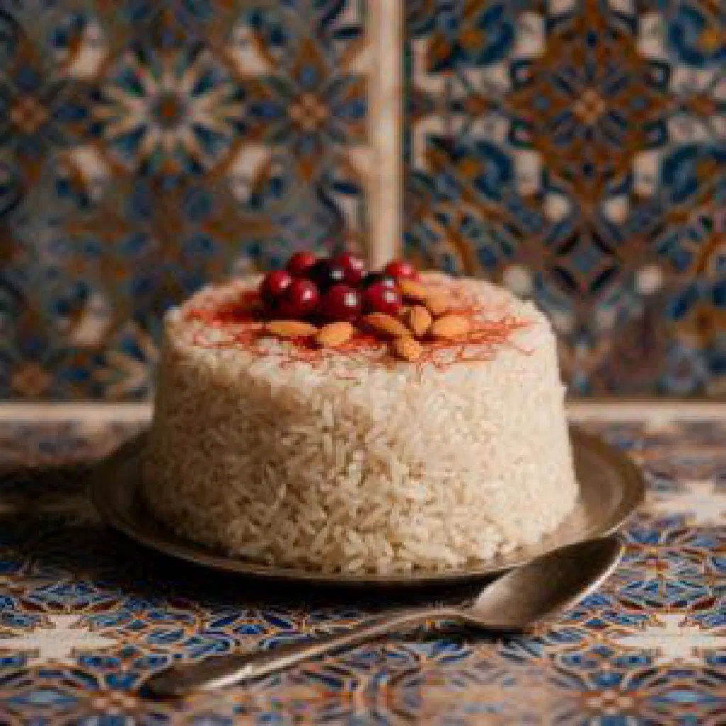 Fragrant saffron rice with tender lamb served on a platter