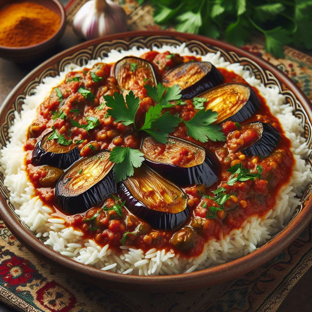 Malakeh bademjan, a spiced Iranian aubergine and tomato stew garnished with fresh herbs