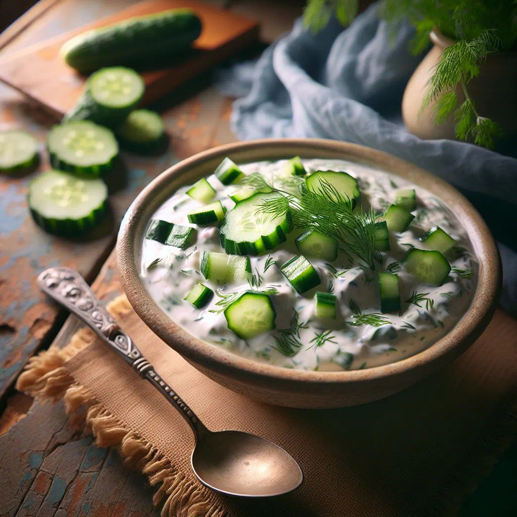 Bowl of creamy Iranian yogurt and cucumber dip garnished with mint