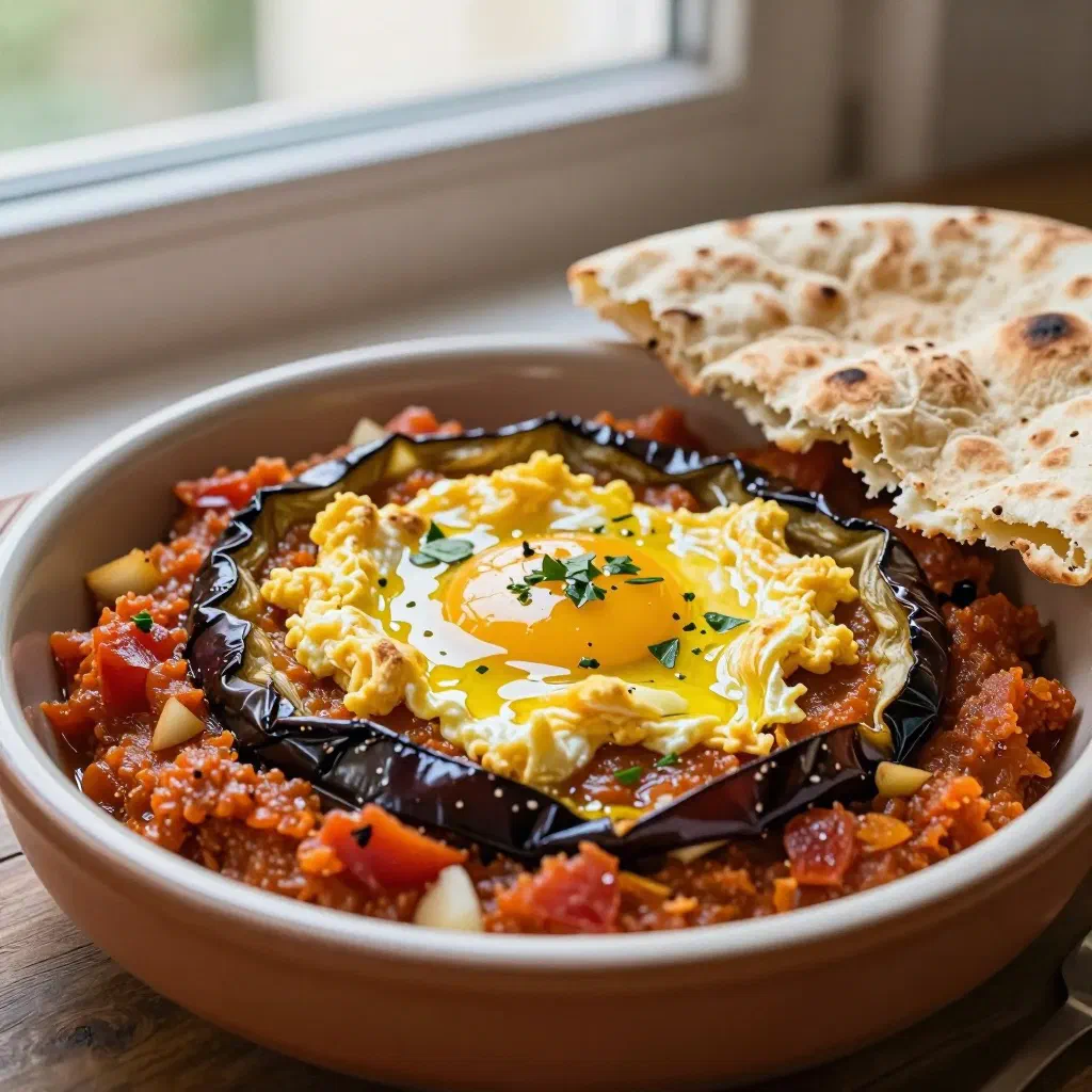 Smoky mashed aubergine and tomato mirza ghasemi served with flatbread