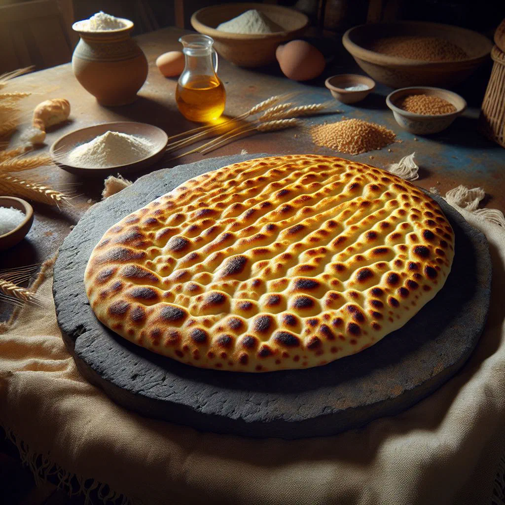 Stone-baked Naan-e Sangak flatbread with a golden, dimpled crust