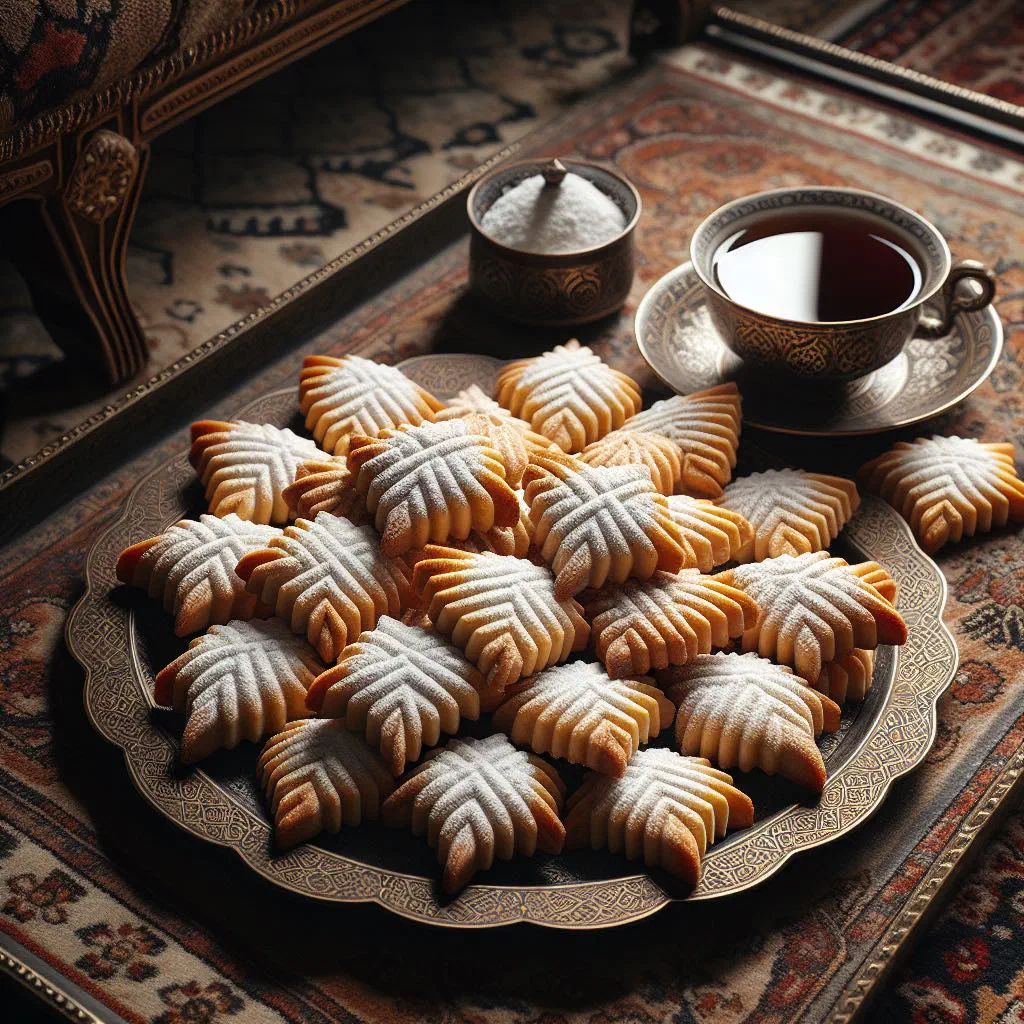 Delicate Persian chickpea cookies dusted and topped with chopped pistachios