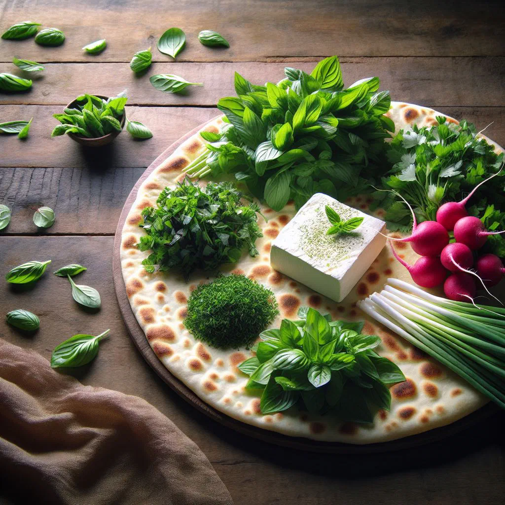 Persian noon panir sabzi with flatbread, feta and fresh herbs on a platter