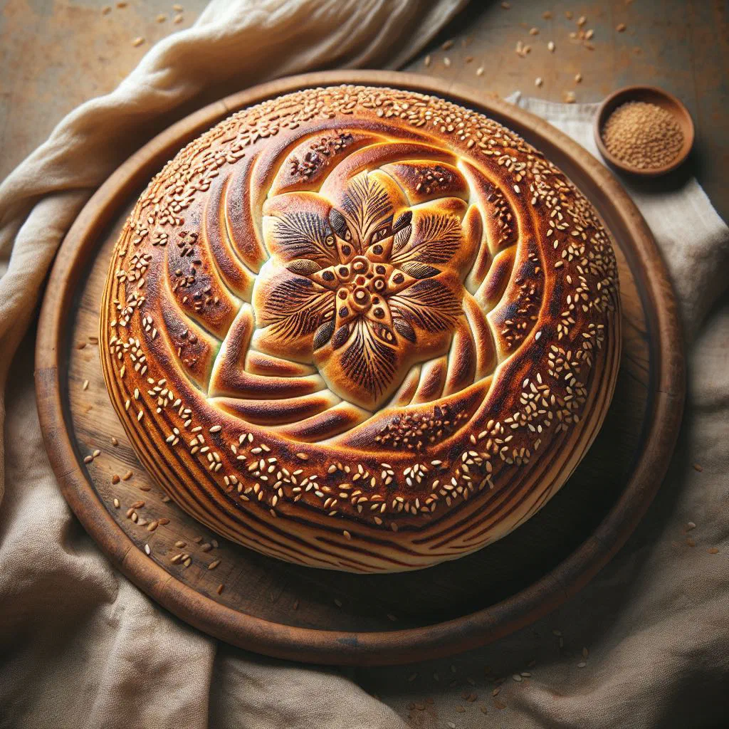 Soft round Persian noon taftoon flatbread sprinkled with sesame seeds