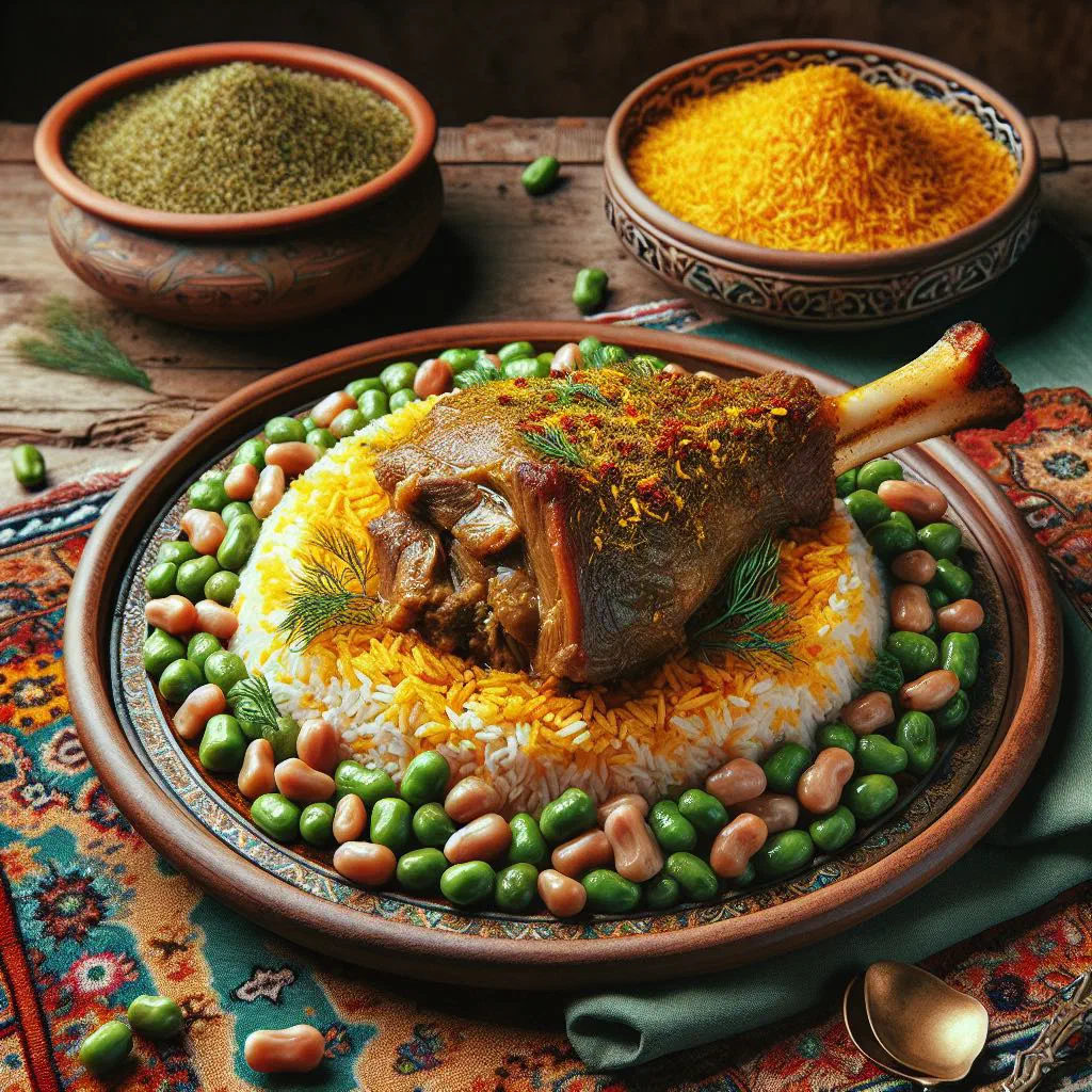 Fragrant Persian dill and broad bean rice topped with saffron