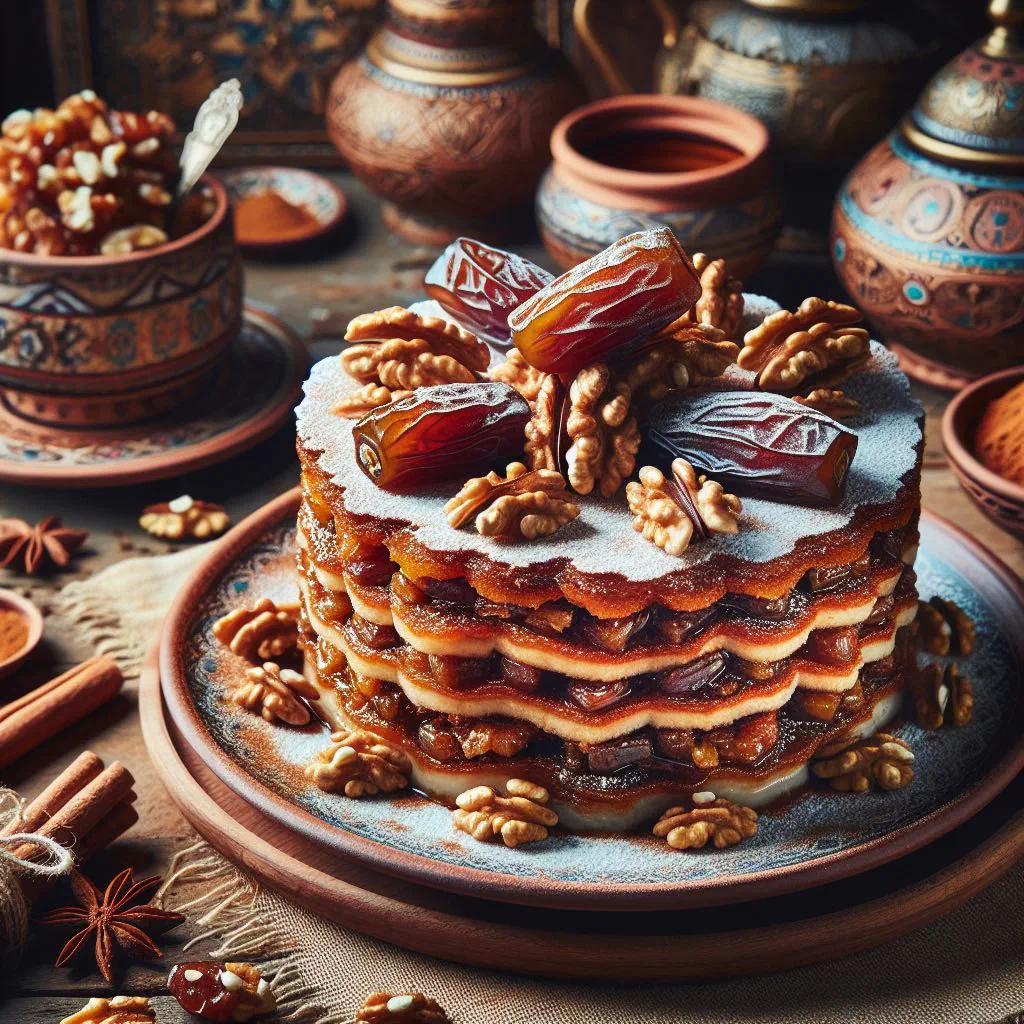 Ranginak dessert of date and walnut squares topped with chopped pistachios