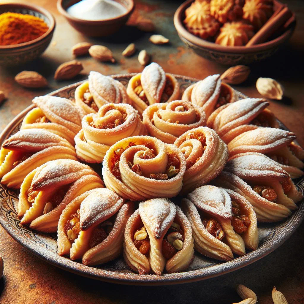 Golden fried Reshteh Khoshkar pastry parcels on a serving plate