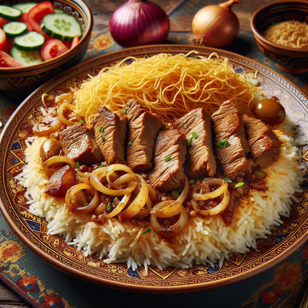 Reshteh polow with fluffy basmati rice, fine noodles and fresh herbs