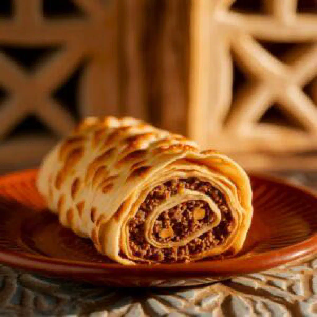 Golden baked Iranian rolet pastry rolls with a spiced meat filling