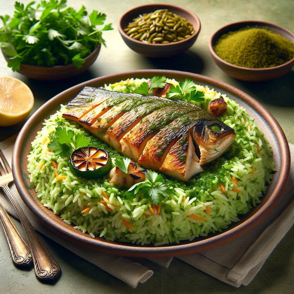 Fragrant Persian herb rice served with pan-fried fish and lemon