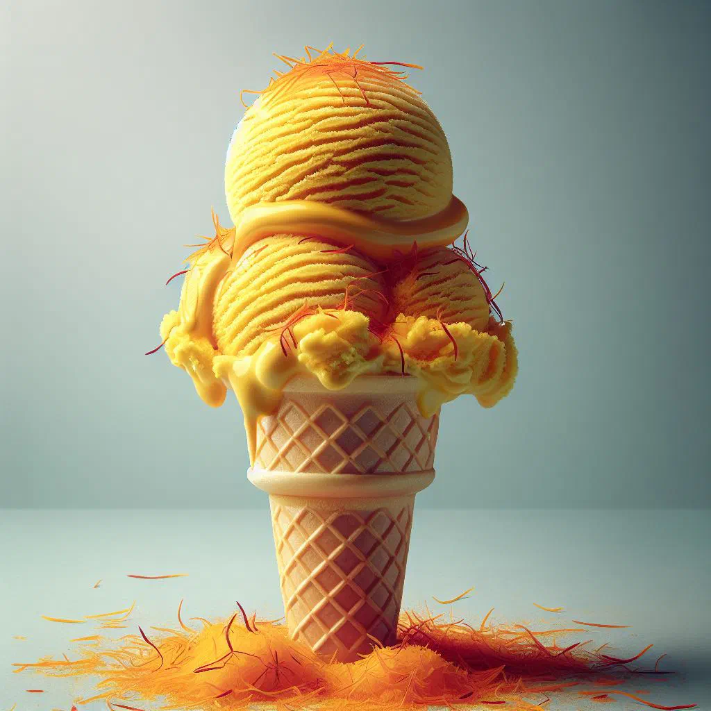 Golden saffron ice cream scattered with chopped pistachios