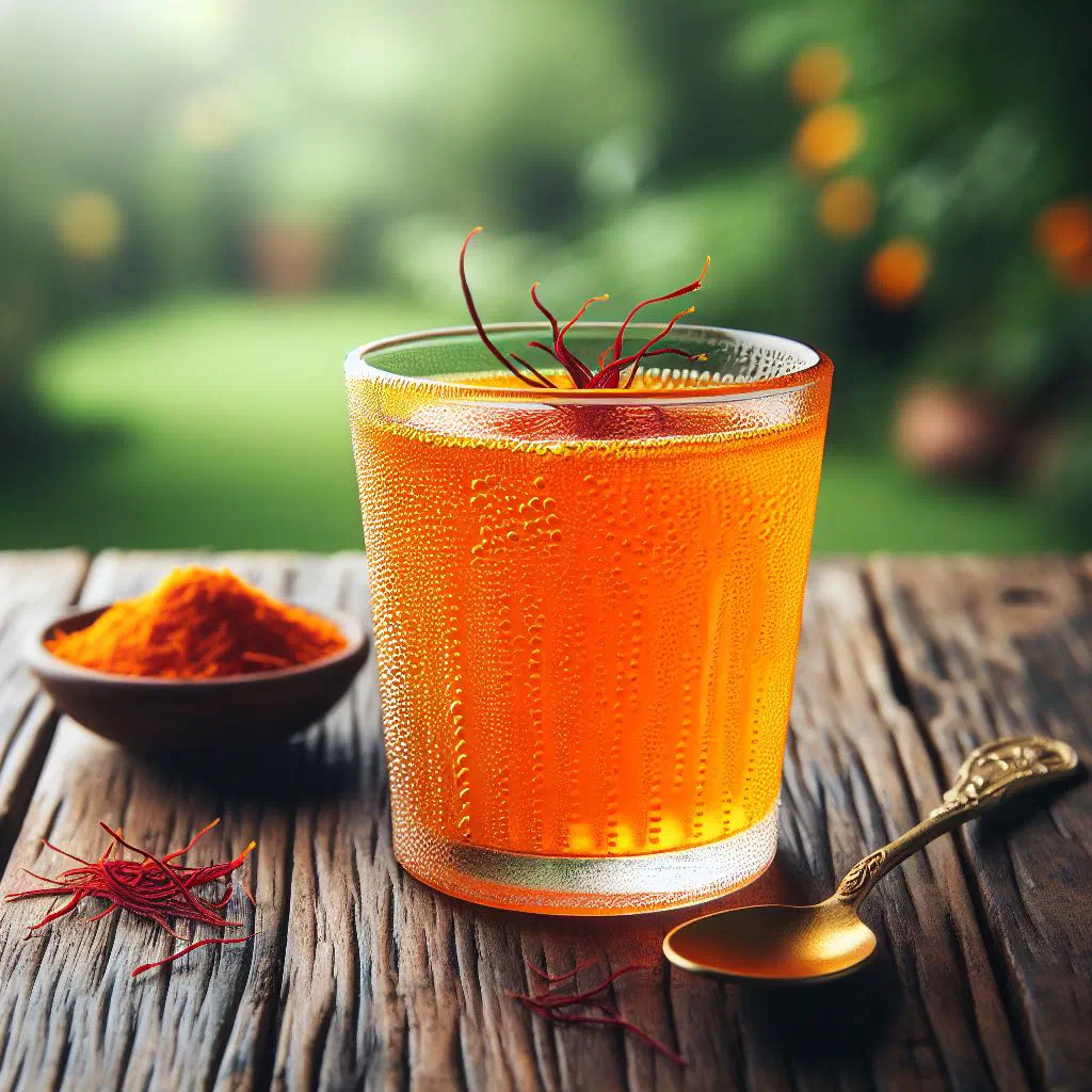 A chilled glass of saffron sharbat garnished with fresh mint and lemon
