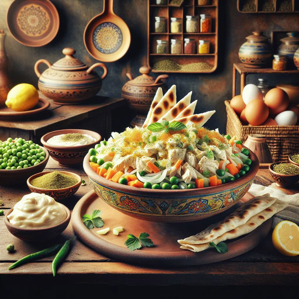 Creamy Salad Olivieh mound topped with pickles and fresh herbs