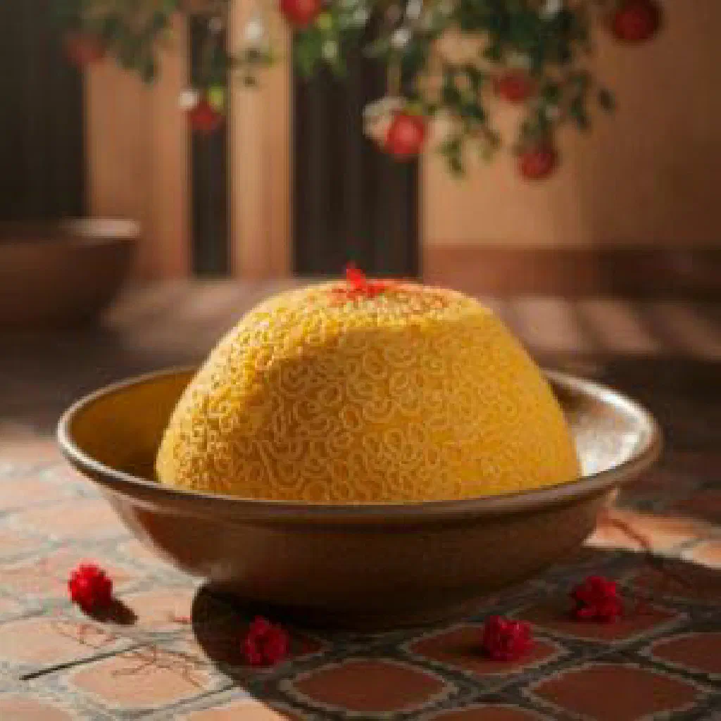 Bowl of dark, creamy Samanu wheat germ paste dusted with cinnamon