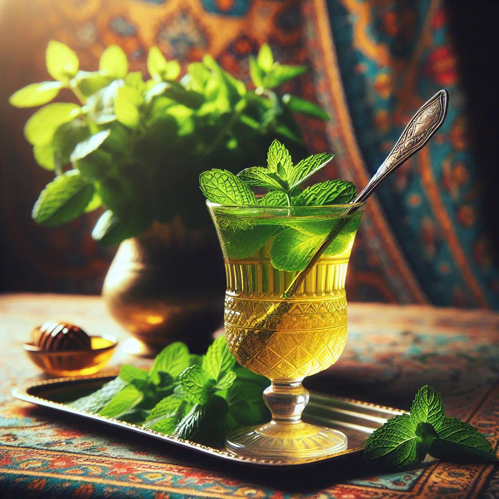 A glass of chilled sekanjabin syrup garnished with fresh mint and cucumber