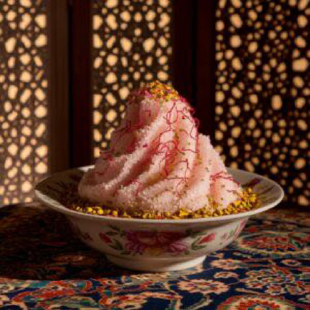 Sheer yakh Persian ice cream scooped into a glass bowl with saffron and pistachios