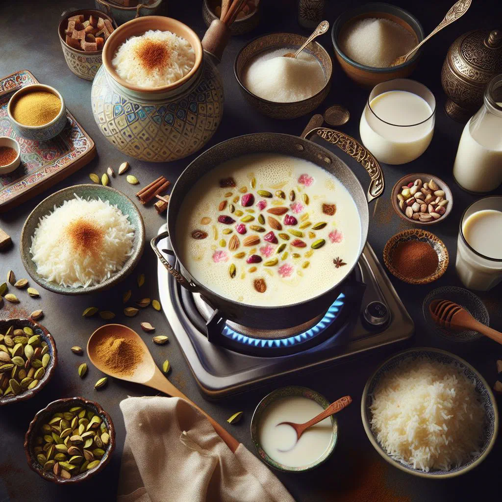 Creamy Persian rice pudding topped with cinnamon and chopped nuts