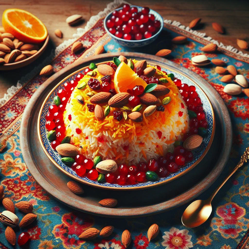 Shirin polo saffron rice topped with dried fruit, almonds and pistachios