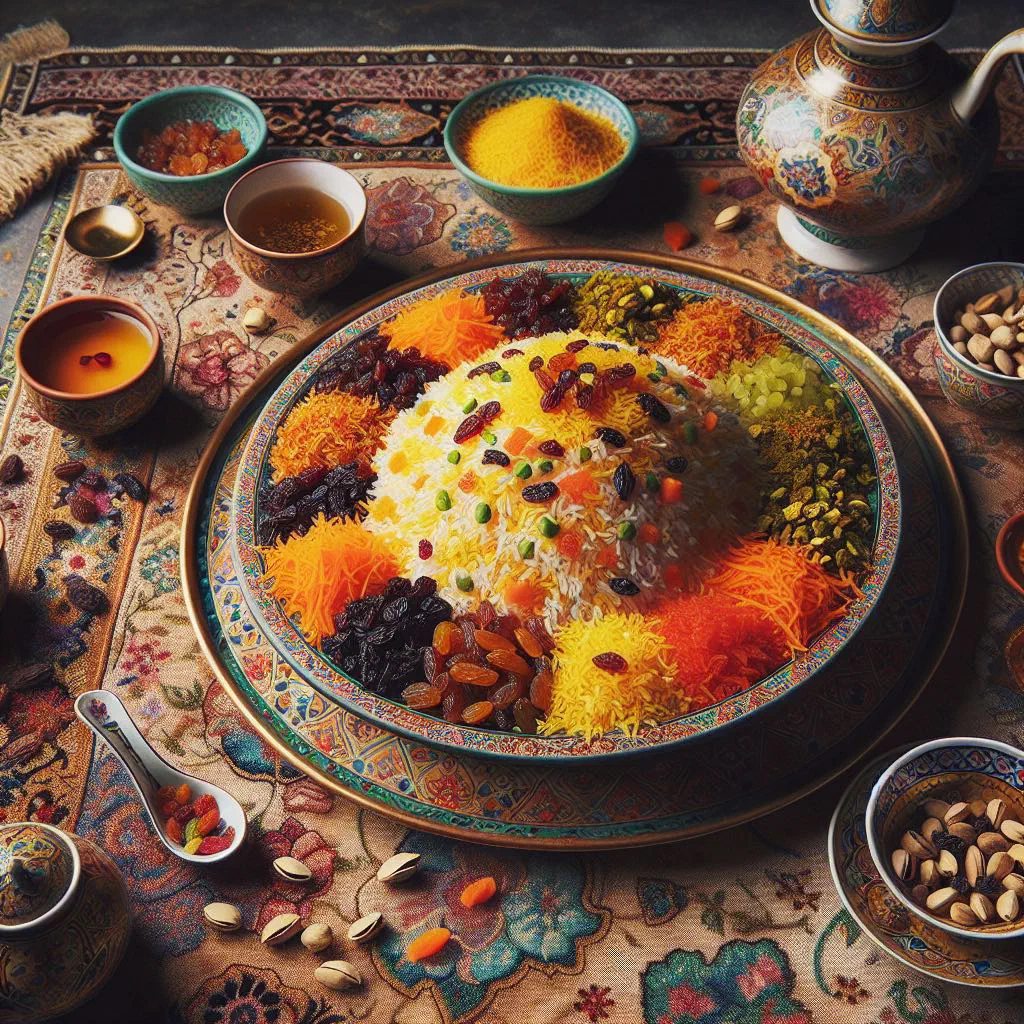 Shirin polow saffron rice topped with dried fruit and nuts on a platter
