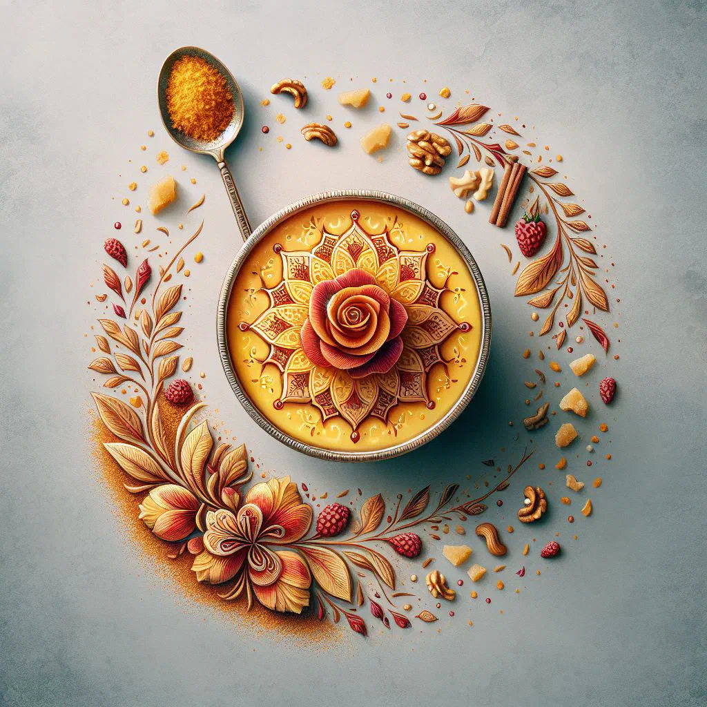 Bowl of golden saffron rice pudding decorated with cinnamon and almonds