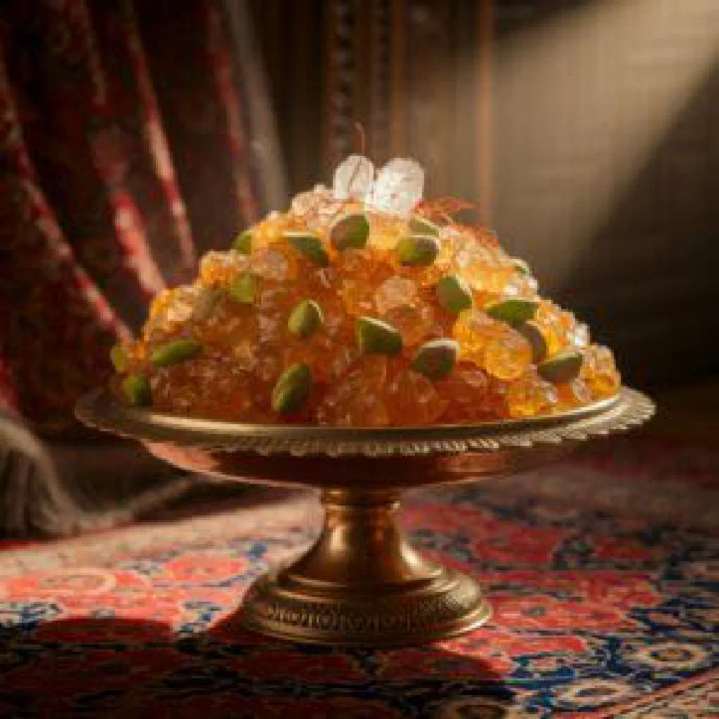 Golden saffron sohan brittle topped with chopped pistachios