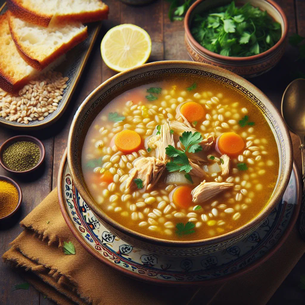Creamy Iranian barley soup with yoghurt and fresh herbs in a bowl