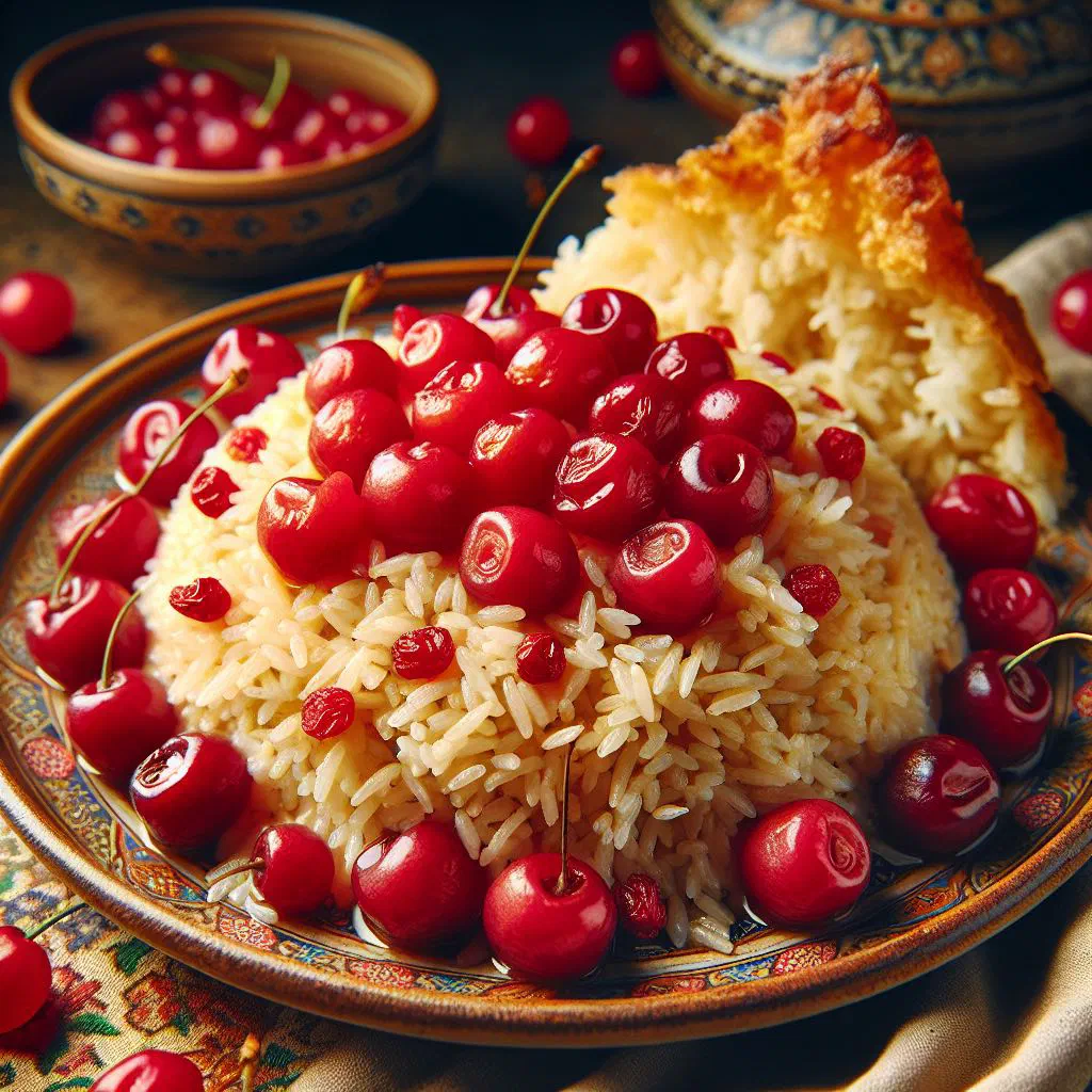 Persian sour cherry rice with tender chicken and pistachios
