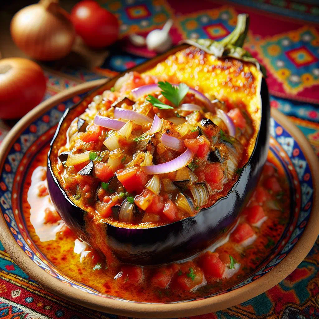 Baked stuffed aubergines filled with spiced mince and rice, garnished with fresh herbs
